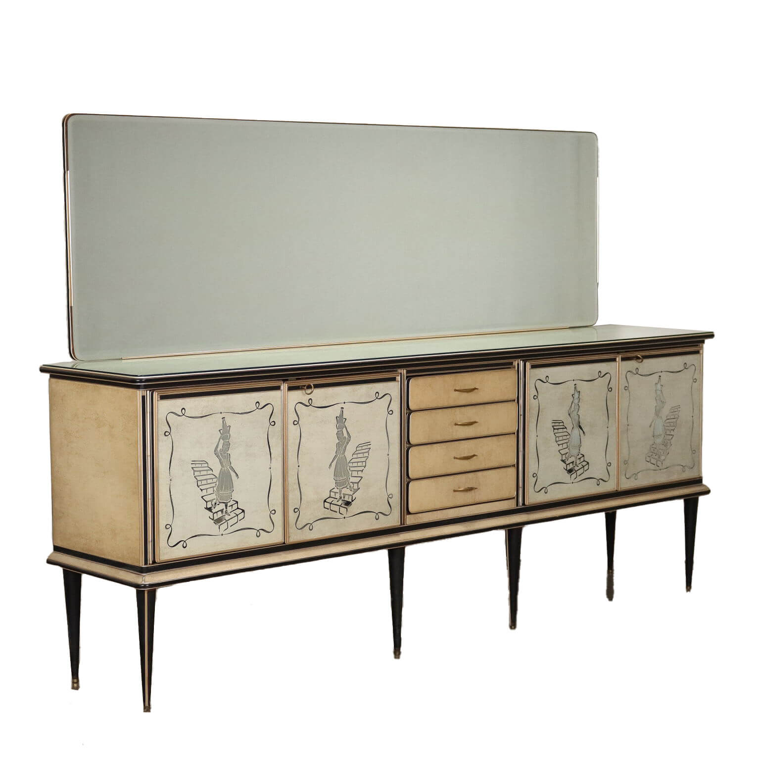 Mobile Buffet Vintage Italia Anni 50 Specchio decorato Legno radica