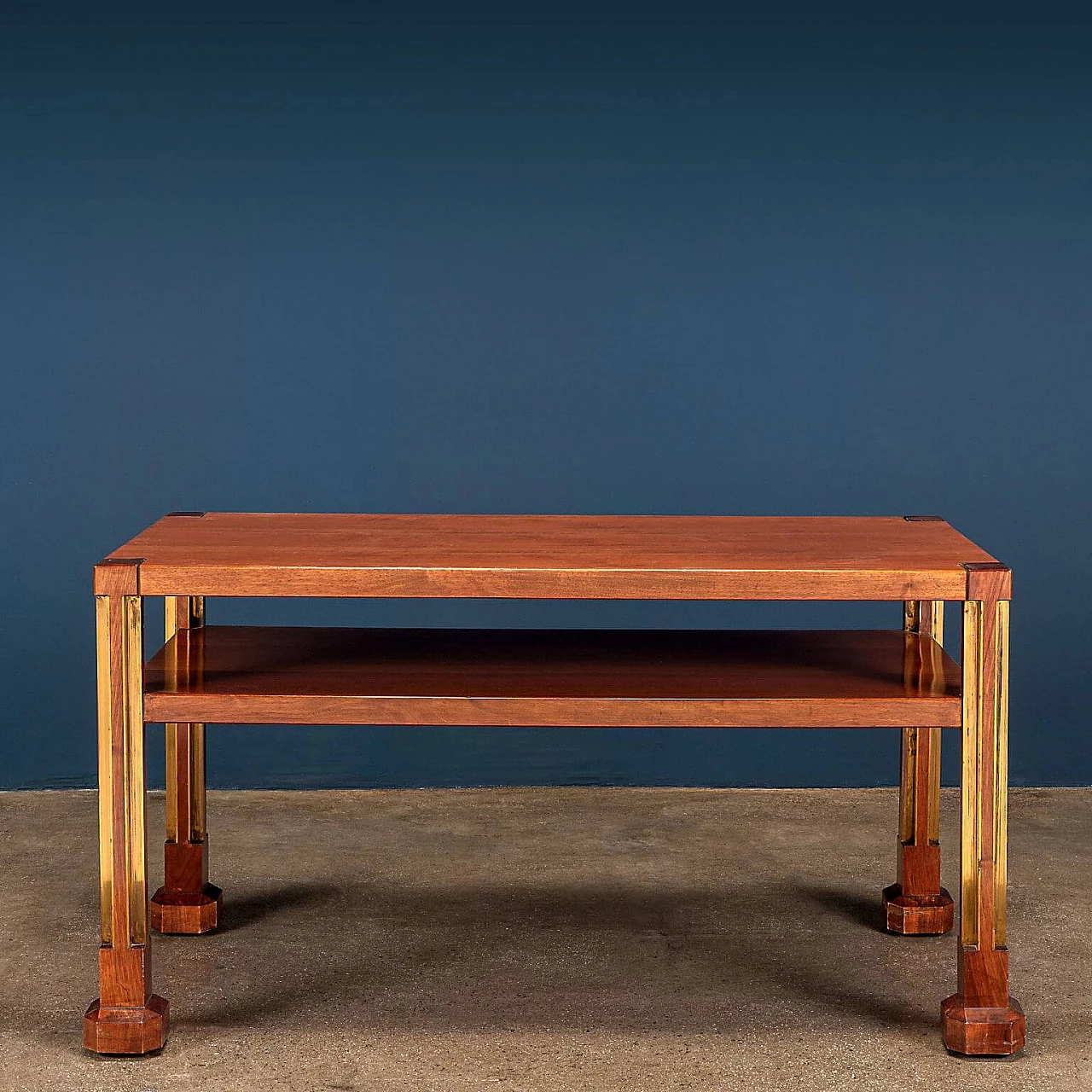 Walnut veneered wood coffee table with brass frames, 1960s 1