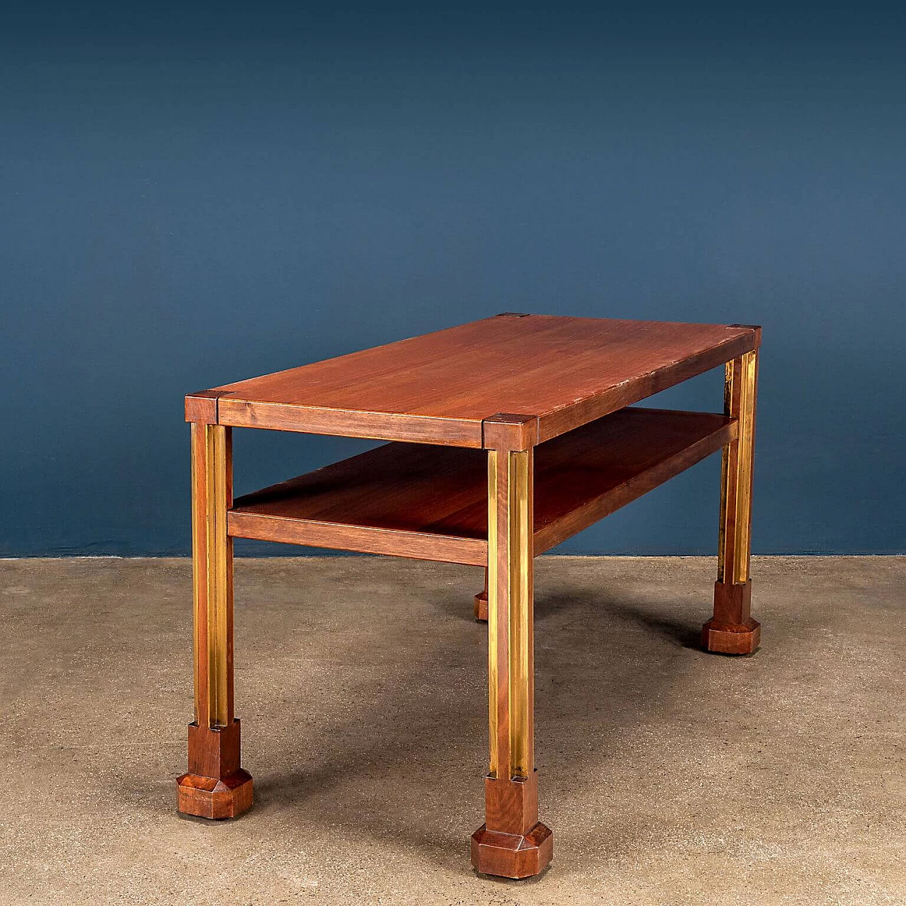 Walnut veneered wood coffee table with brass frames, 1960s 2