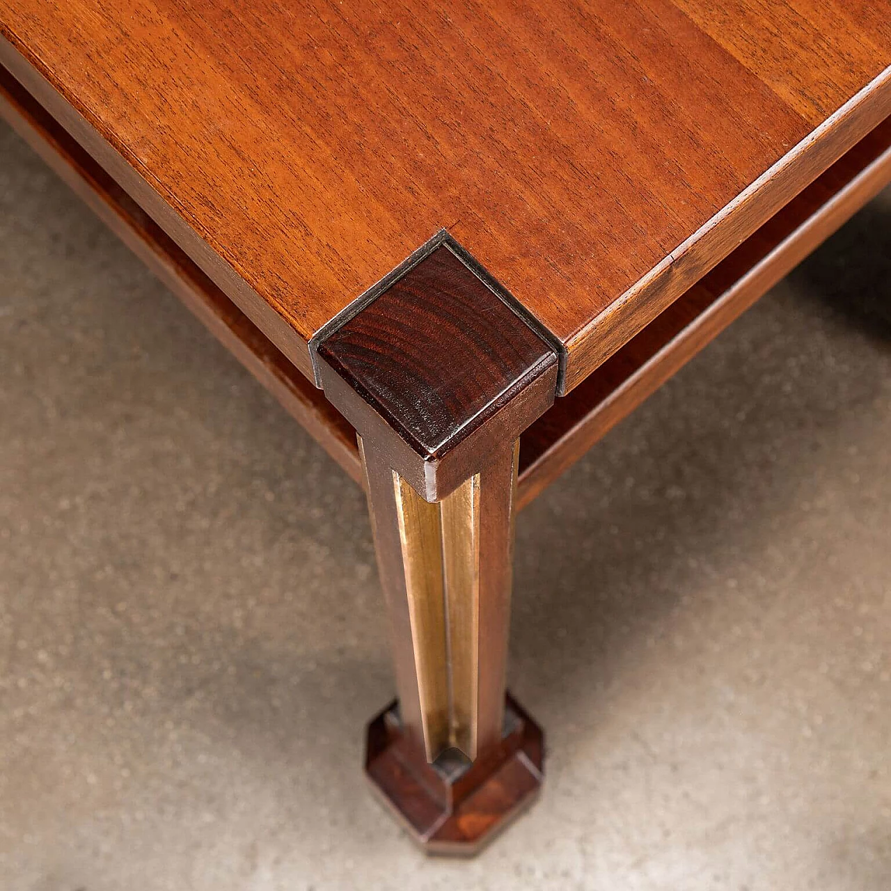 Walnut veneered wood coffee table with brass frames, 1960s 3