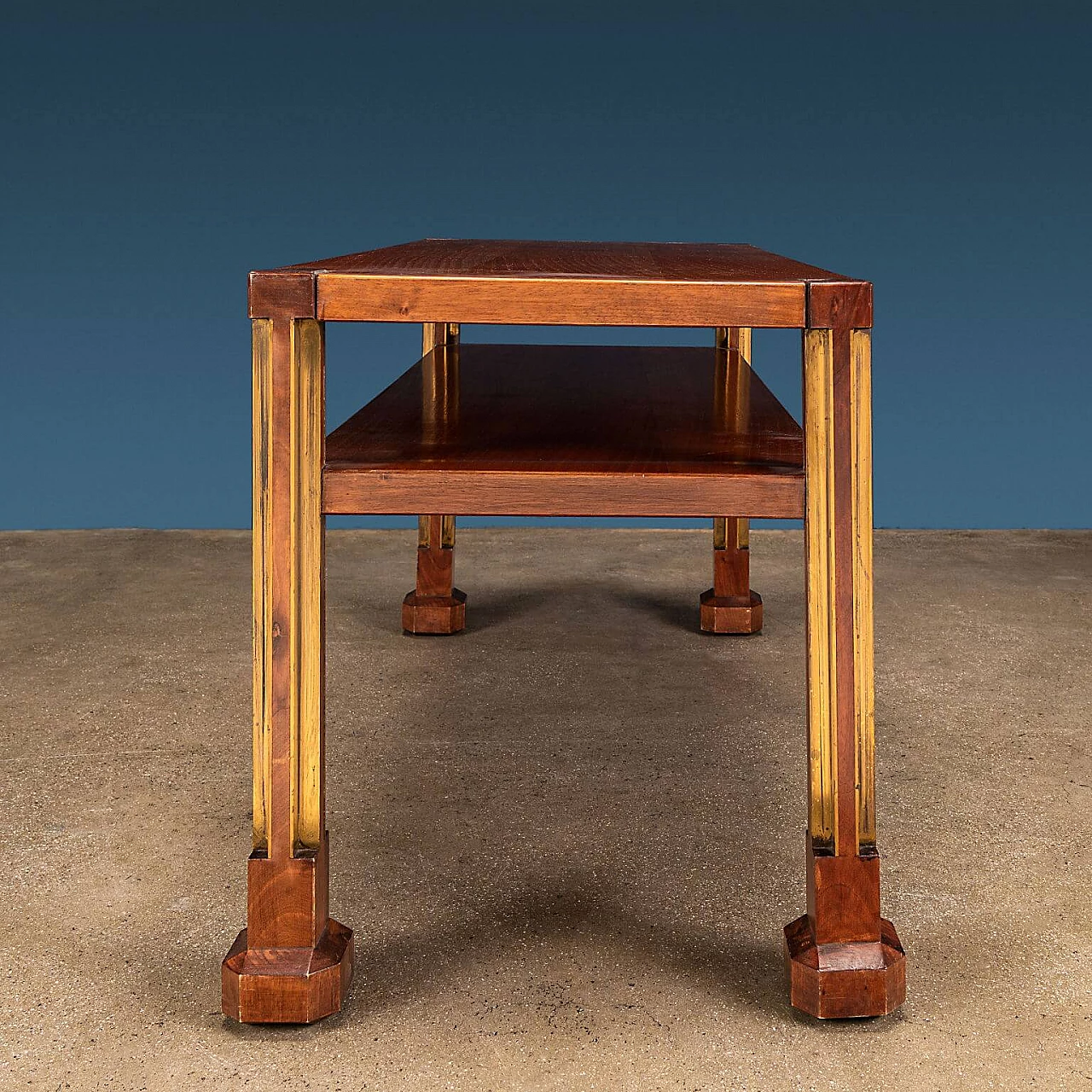 Walnut veneered wood coffee table with brass frames, 1960s 4