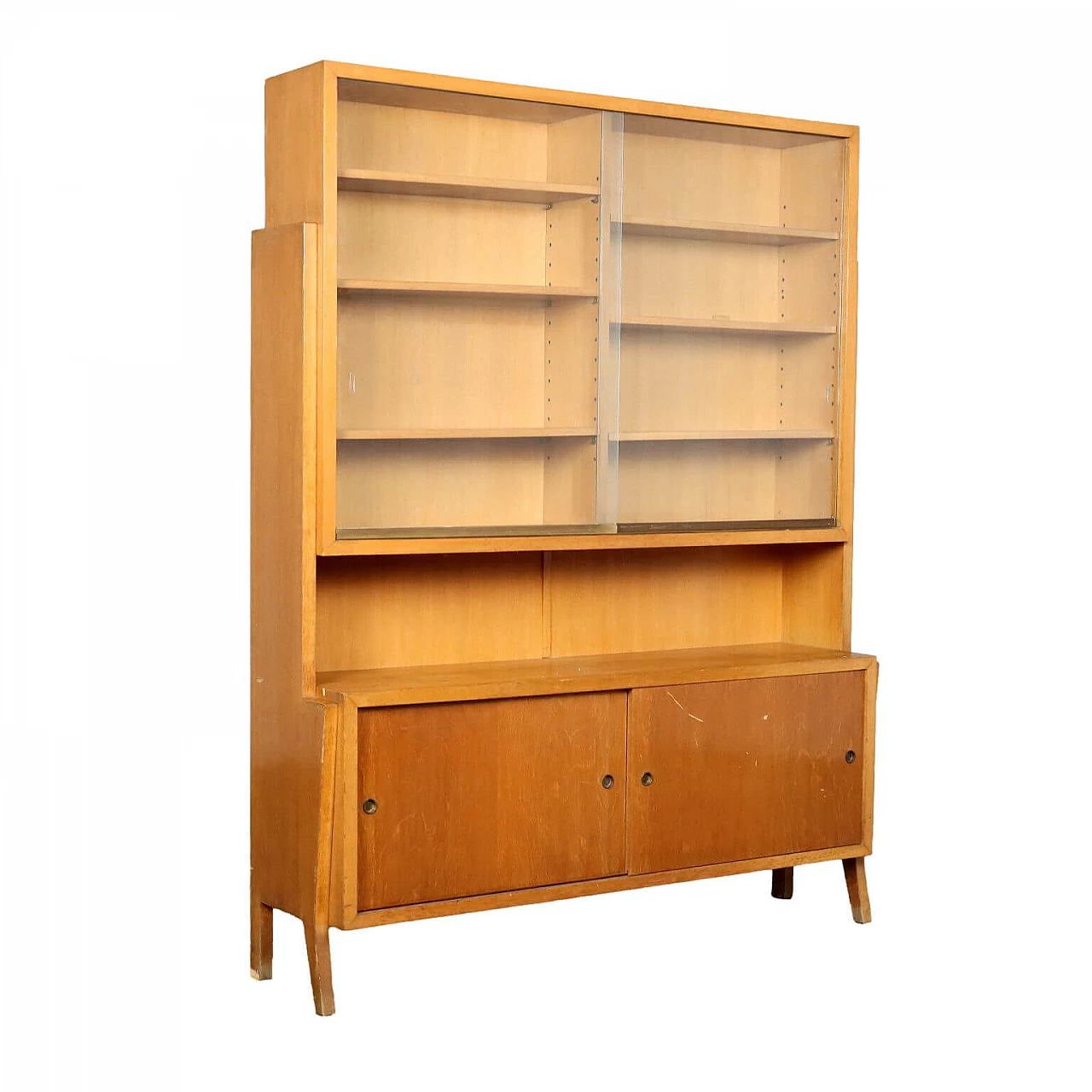 Wooden bookcase with glass sliding doors and storage cabinet, 1950s 1