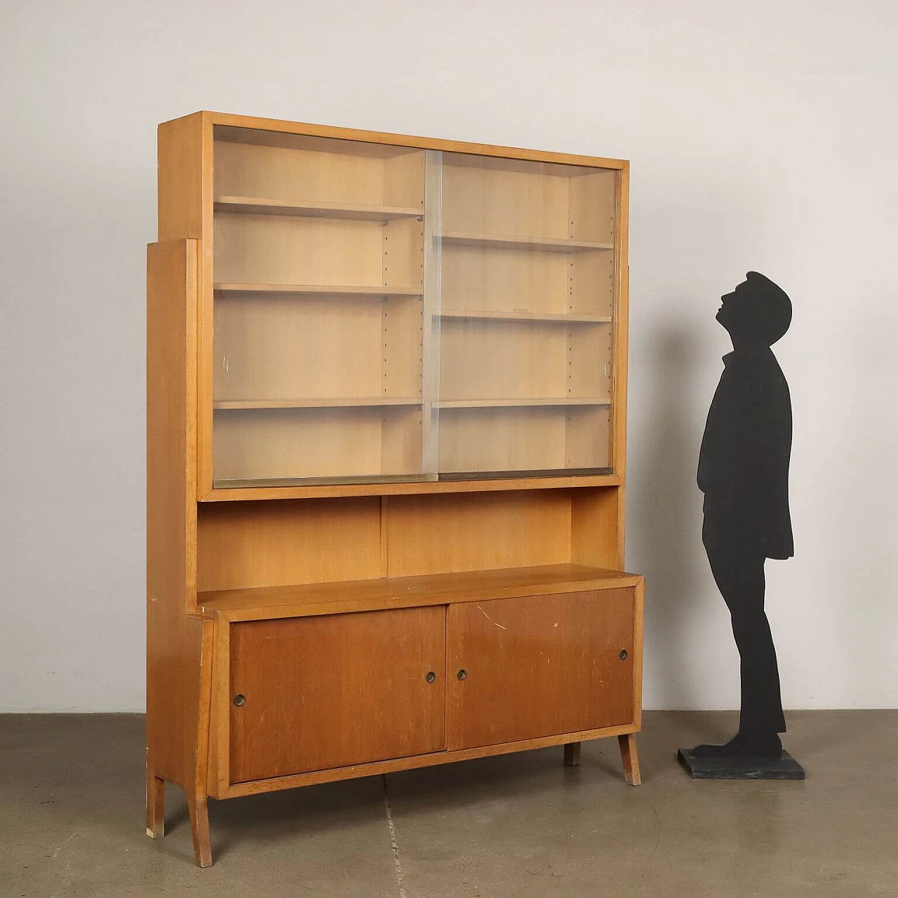 Wooden bookcase with glass sliding doors and storage cabinet, 1950s 2