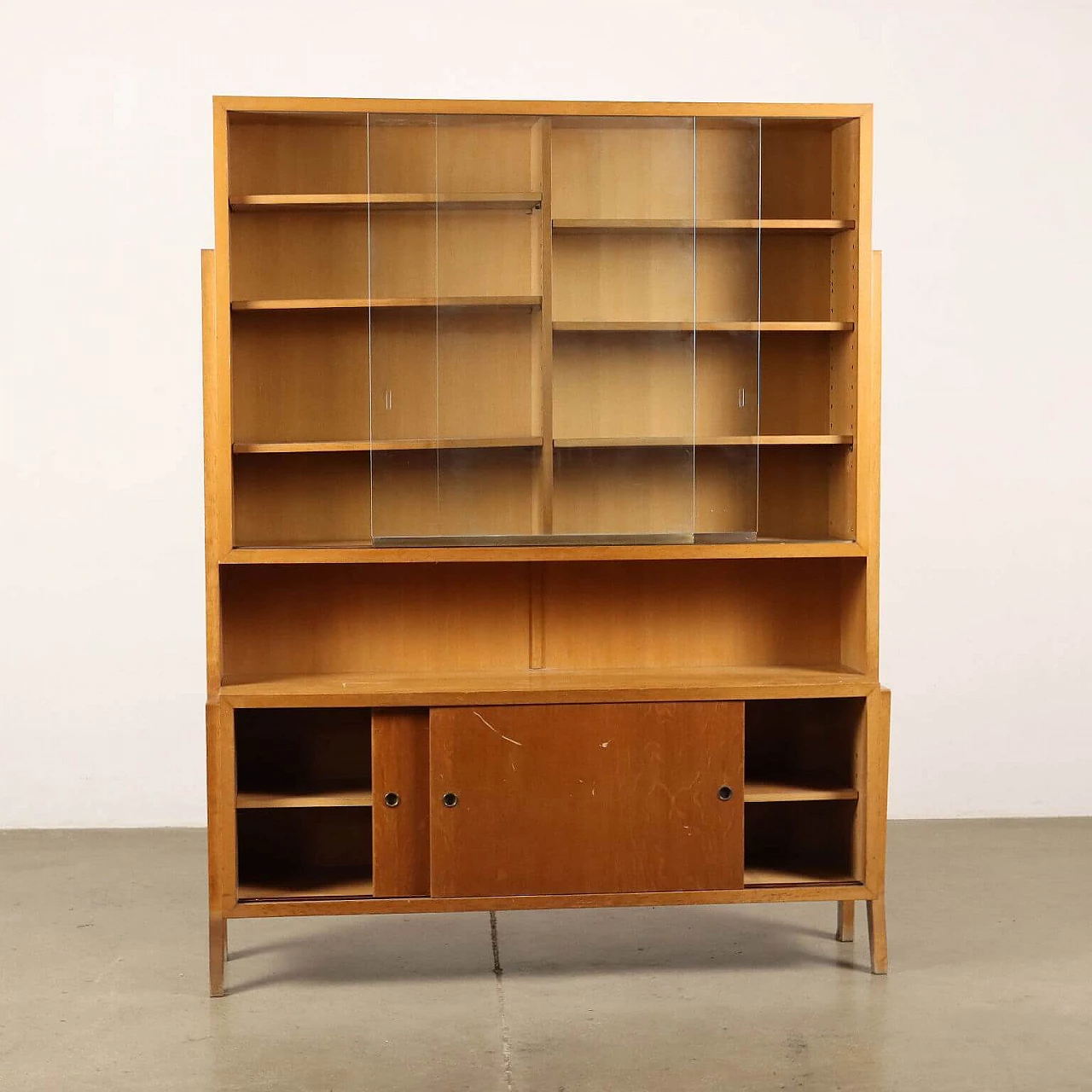 Wooden bookcase with glass sliding doors and storage cabinet, 1950s 3