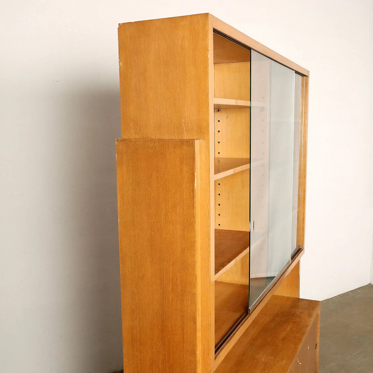 Wooden bookcase with glass sliding doors and storage cabinet, 1950s 5