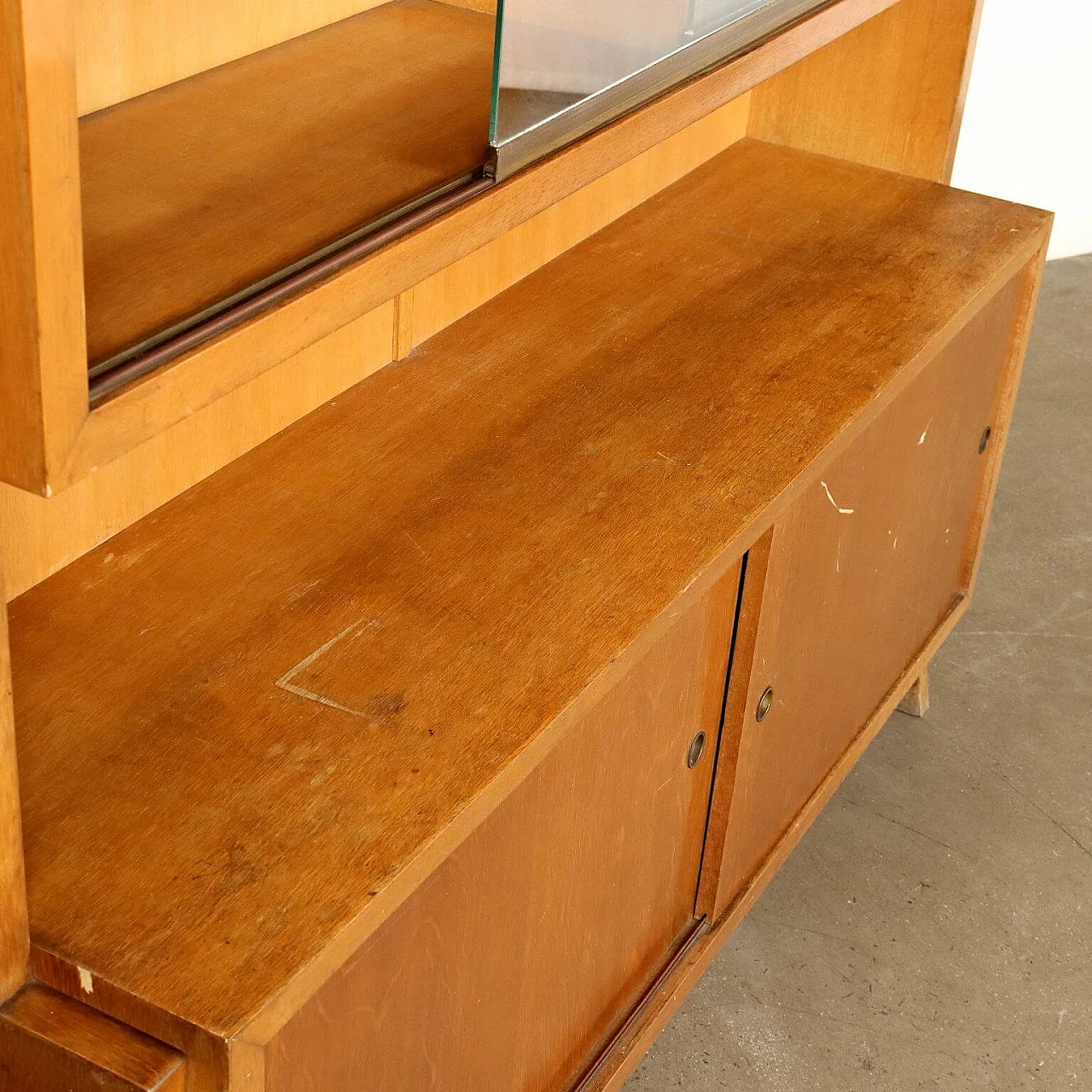 Wooden bookcase with glass sliding doors and storage cabinet, 1950s 6