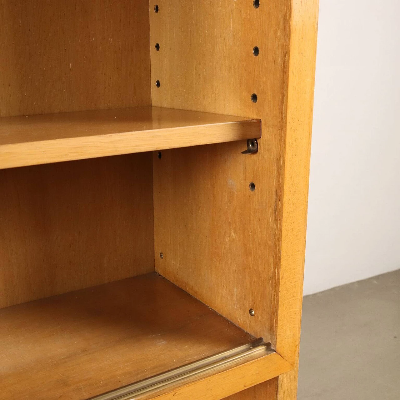 Wooden bookcase with glass sliding doors and storage cabinet, 1950s 7