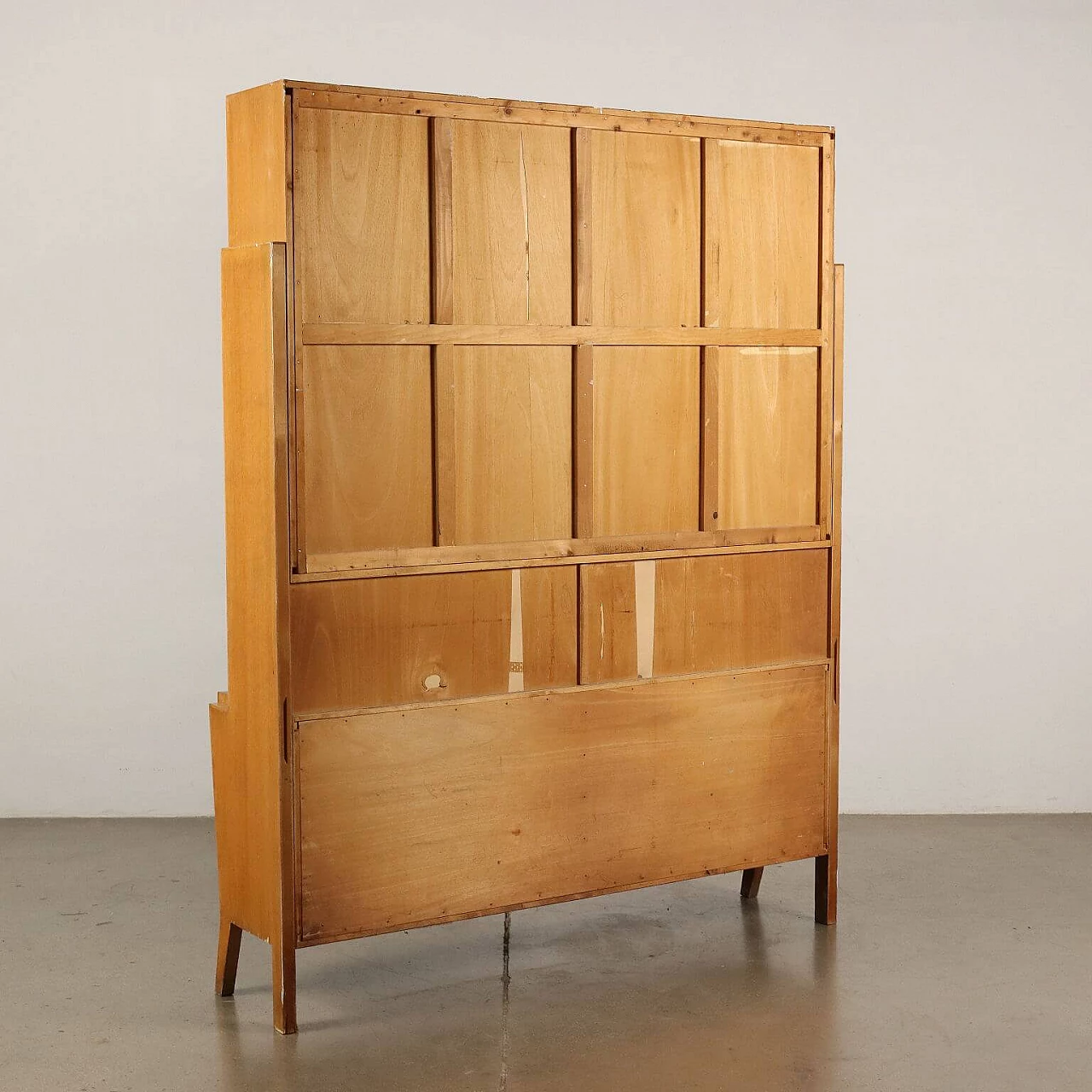 Wooden bookcase with glass sliding doors and storage cabinet, 1950s 9