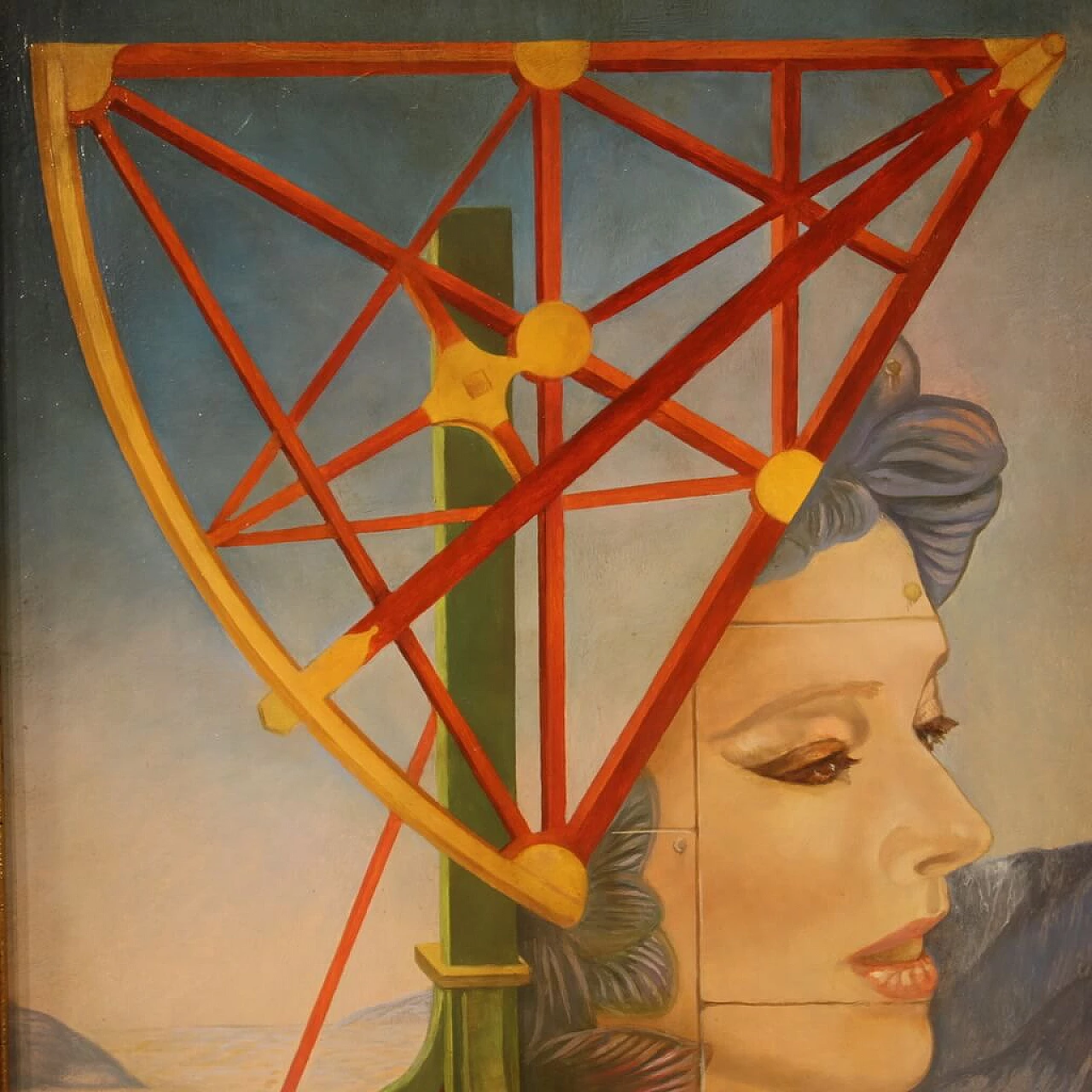 Jean Michel Lengrand, Surrealist painting, oil on panel, 1980s 2