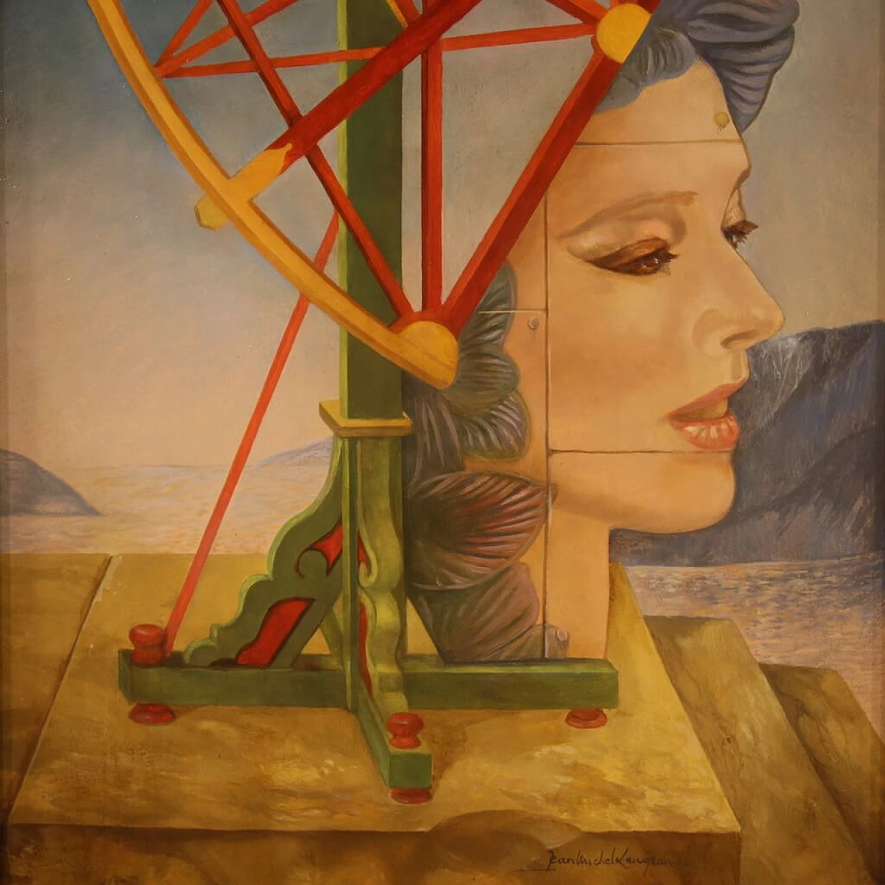 Jean Michel Lengrand, Surrealist painting, oil on panel, 1980s 3