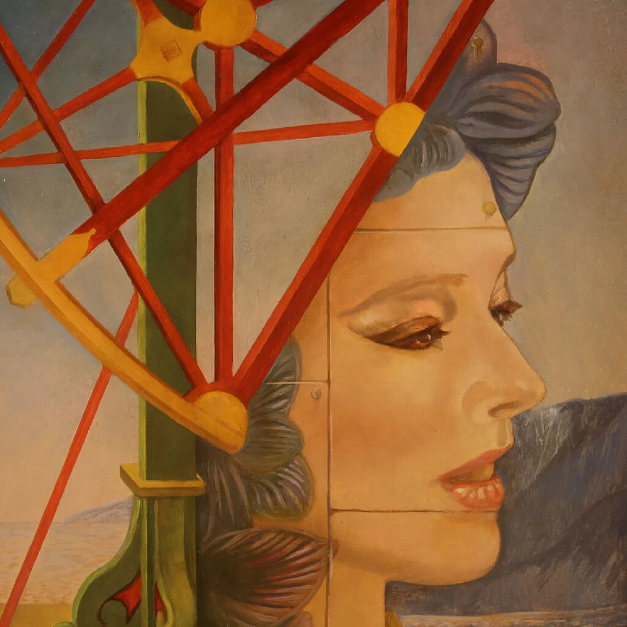 Jean Michel Lengrand, Surrealist painting, oil on panel, 1980s 7