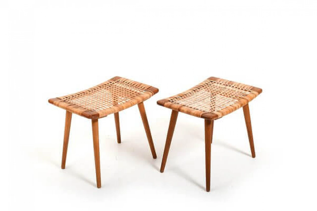 Pair of Danish teak, oak and bamboo stools, 1950s 1