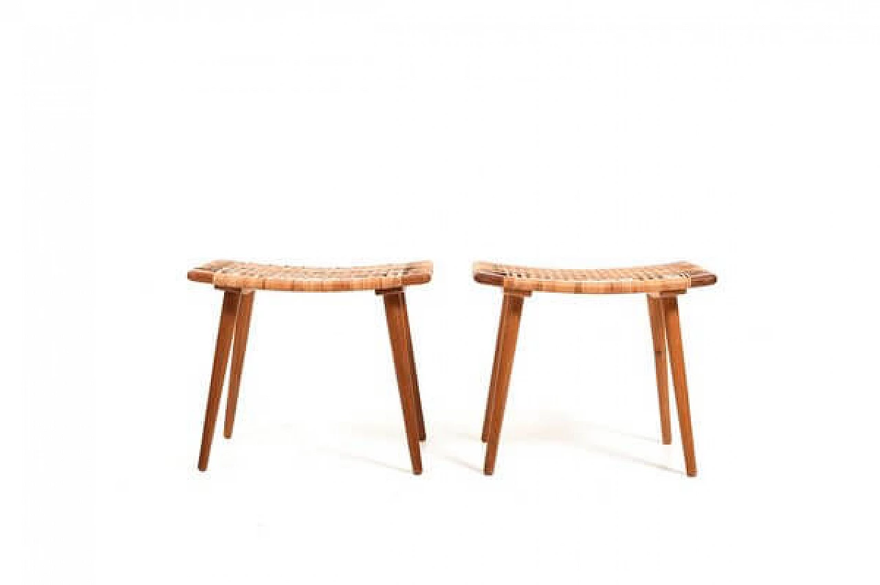 Pair of Danish teak, oak and bamboo stools, 1950s 2