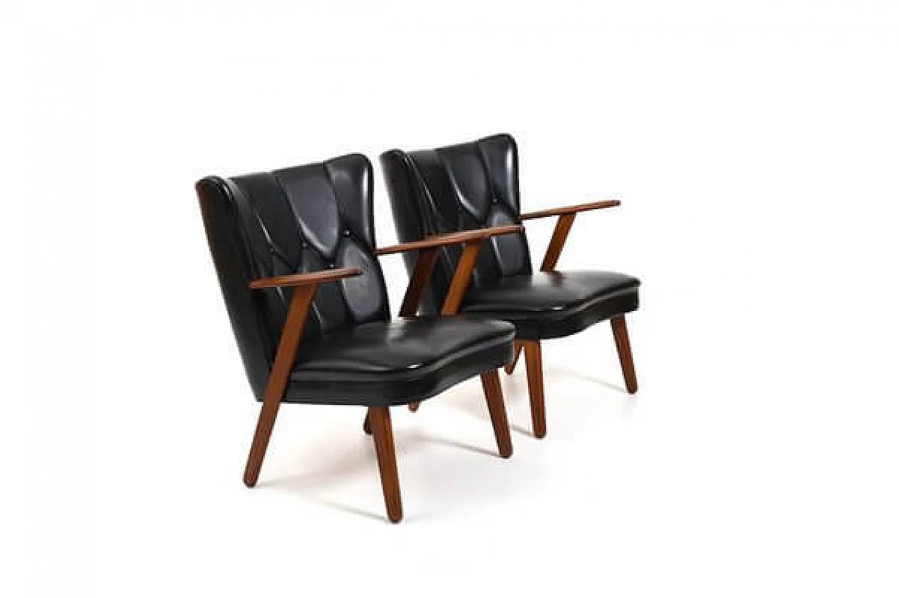 Pair of teak and leatherette armchairs in the style of Svend Åge Madsen, 1950s 1