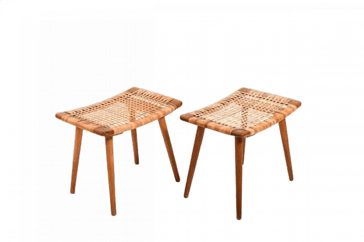 Pair of Danish teak, oak and bamboo stools, 1950s 8