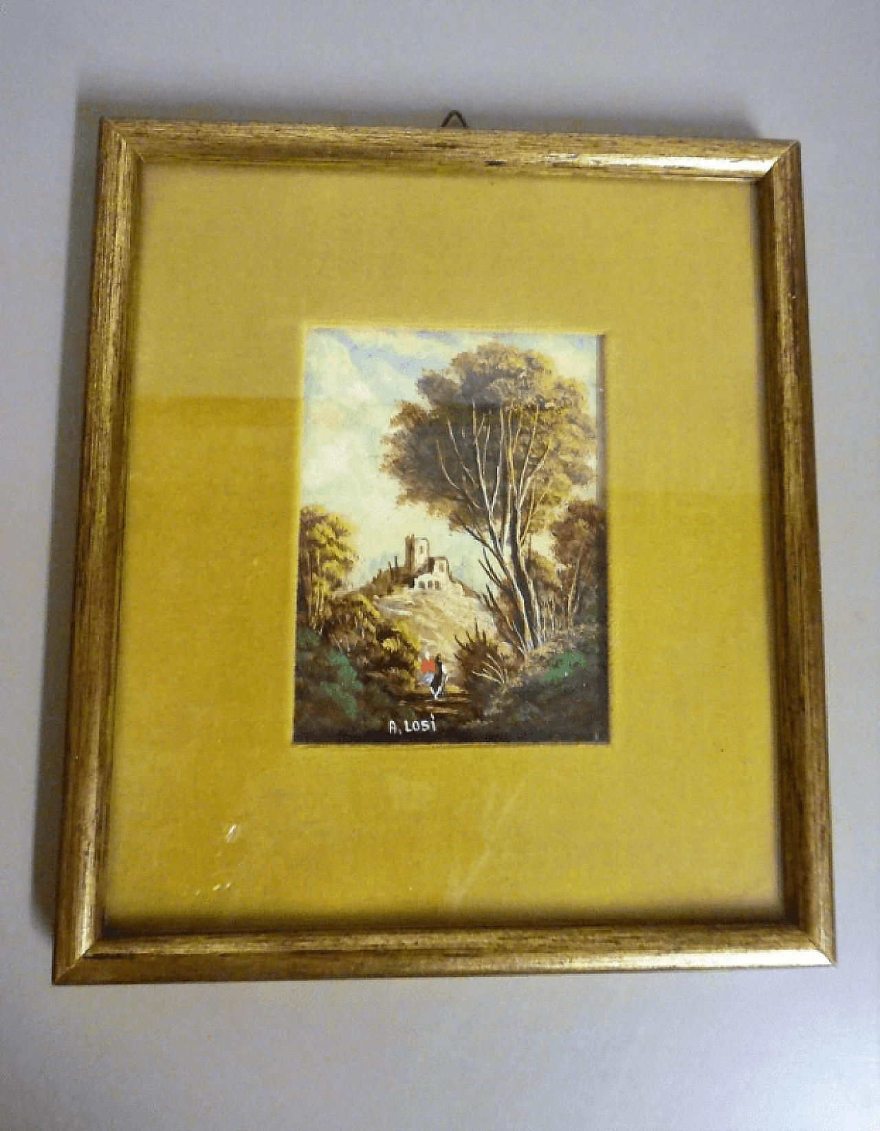 A. Losi, paesaggio con figura, dipinto in miniatura, fine '800 1