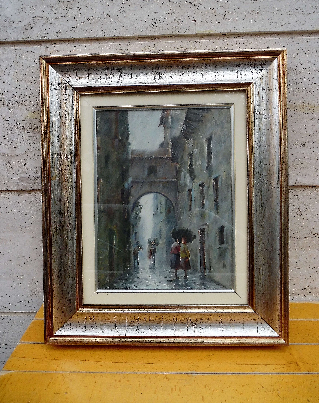 Onelio Romanello, urban glimpse with rain, oil painting on canvas 1