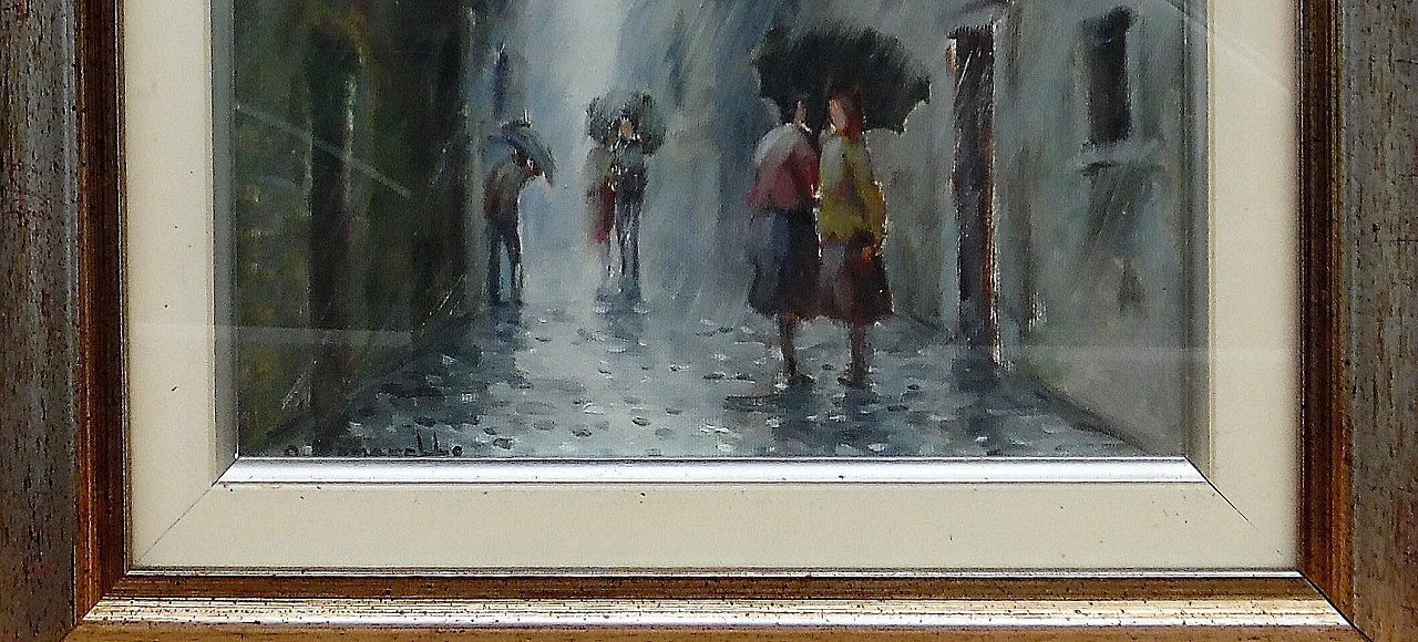 Onelio Romanello, urban glimpse with rain, oil painting on canvas 2