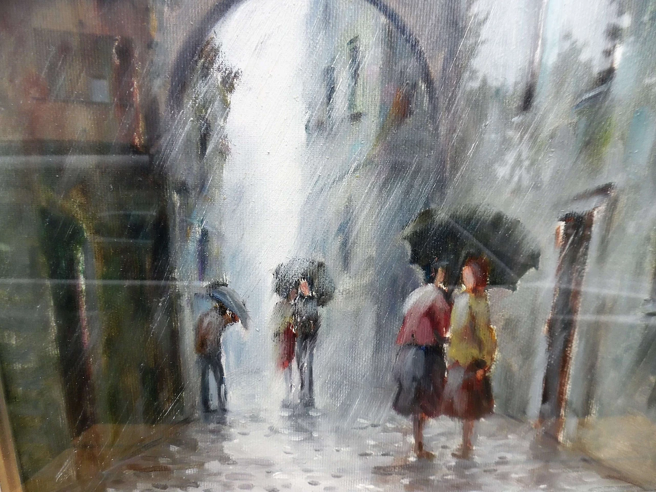 Onelio Romanello, urban glimpse with rain, oil painting on canvas 3