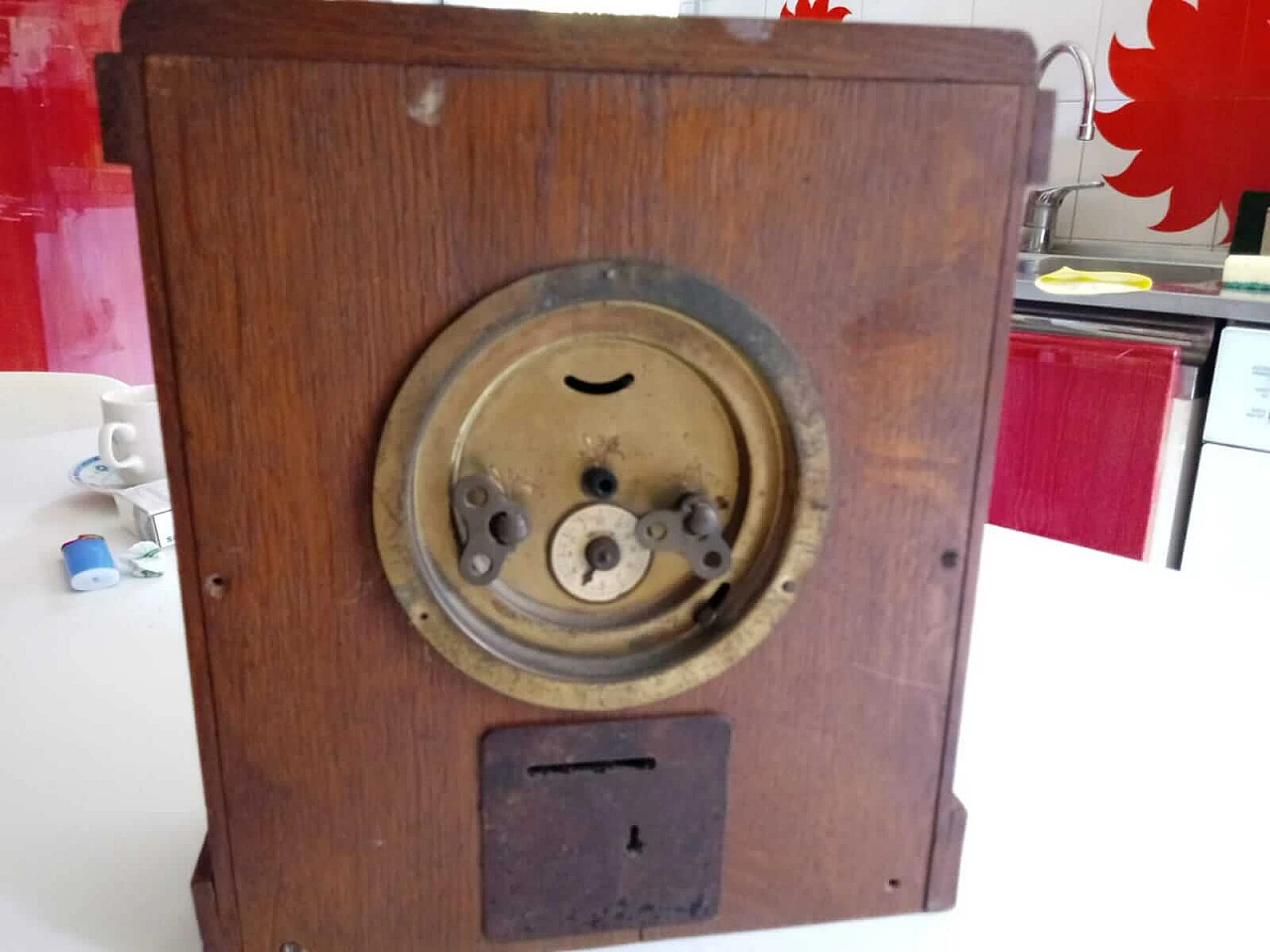 Oak clock with piggy bank by Junghans for INA, 1930s 4