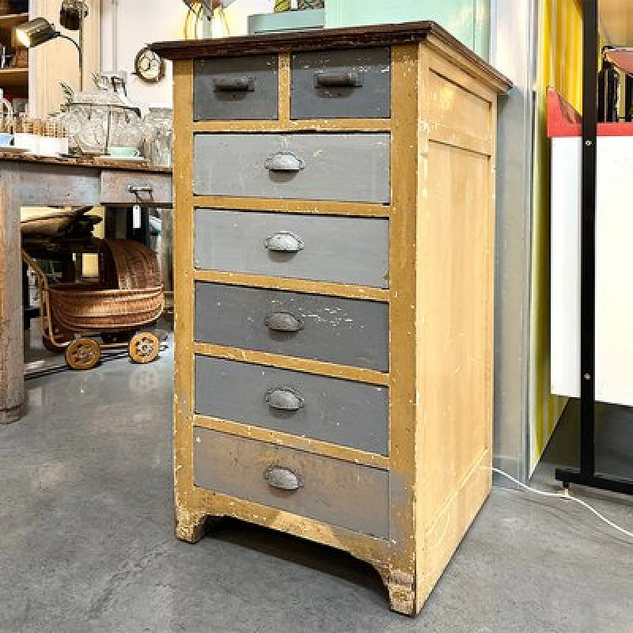 Brown and gray wood industrial optician's chest of drawers, 1950s 1