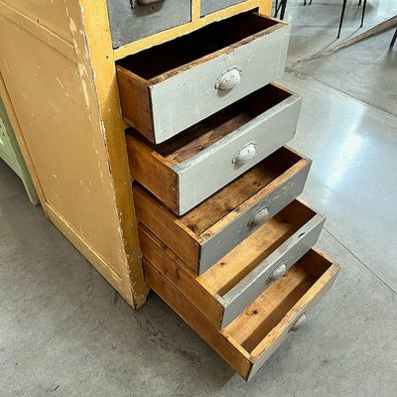 Brown and gray wood industrial optician's chest of drawers, 1950s 2