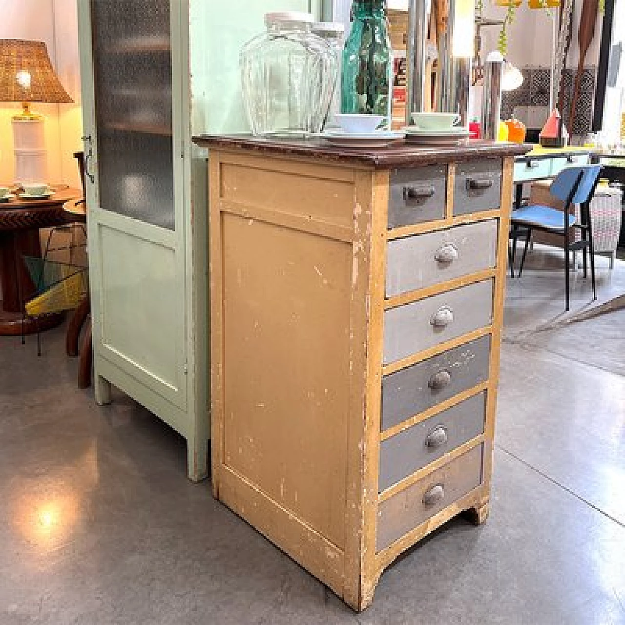 Brown and gray wood industrial optician's chest of drawers, 1950s 5