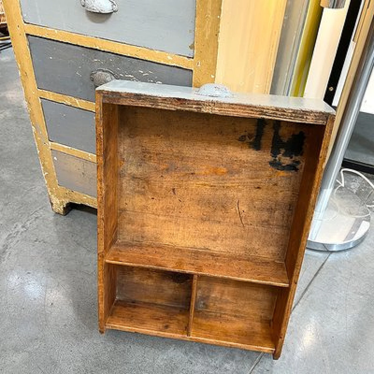 Brown and gray wood industrial optician's chest of drawers, 1950s 11