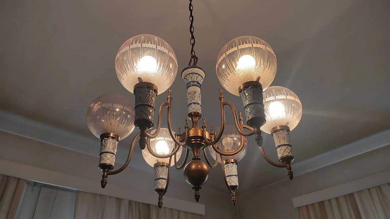 Six-light ceramic and brass chandelier, 1950s 1