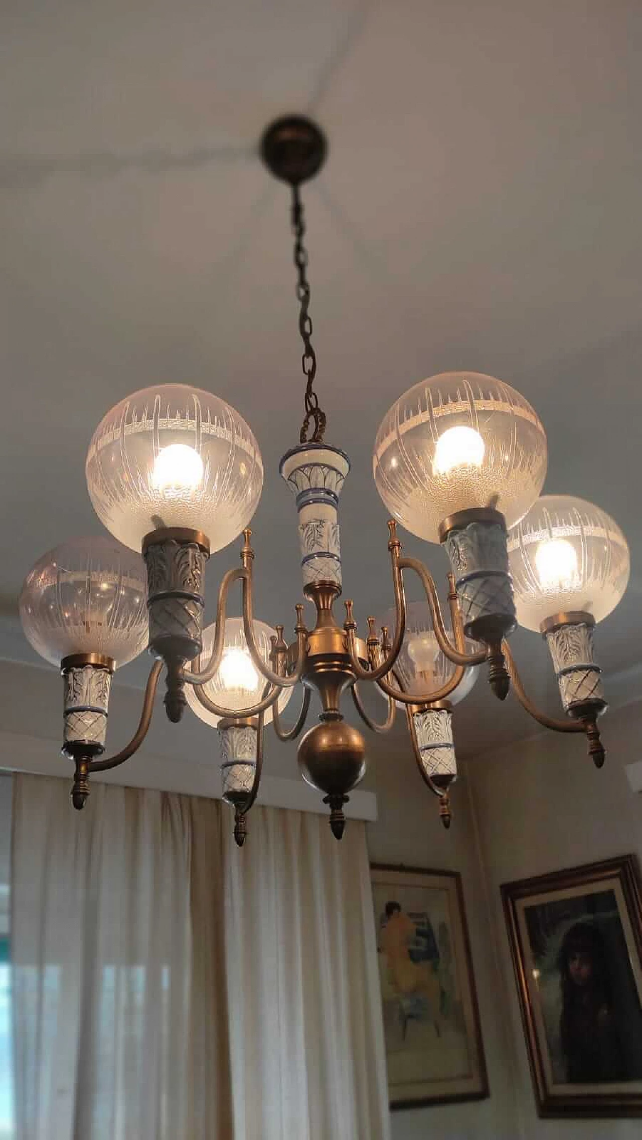 Six-light ceramic and brass chandelier, 1950s 2