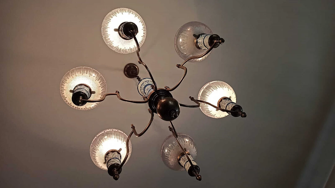 Six-light ceramic and brass chandelier, 1950s 7