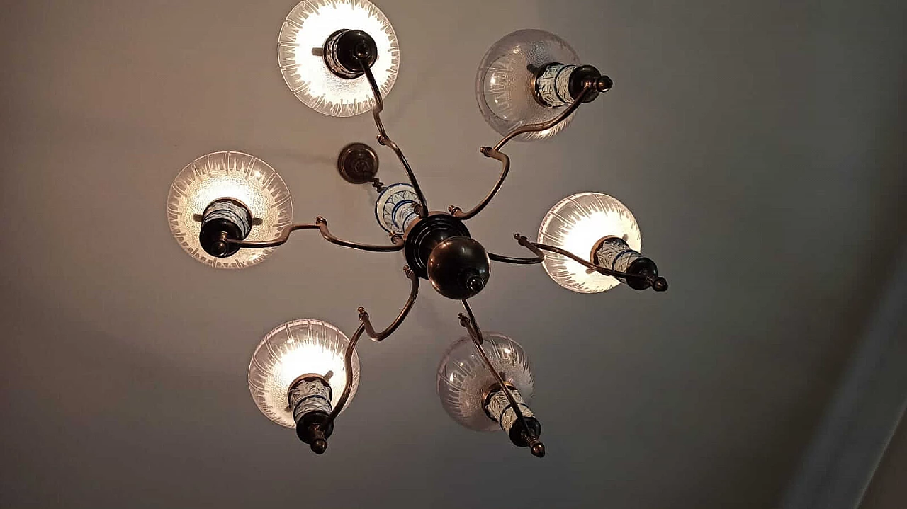 Six-light ceramic and brass chandelier, 1950s 8