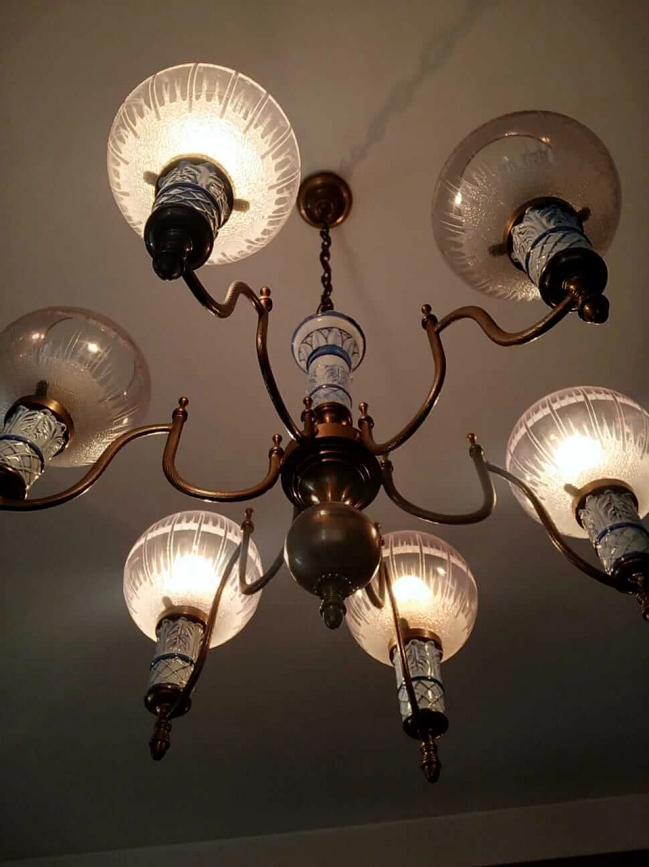 Six-light ceramic and brass chandelier, 1950s 9