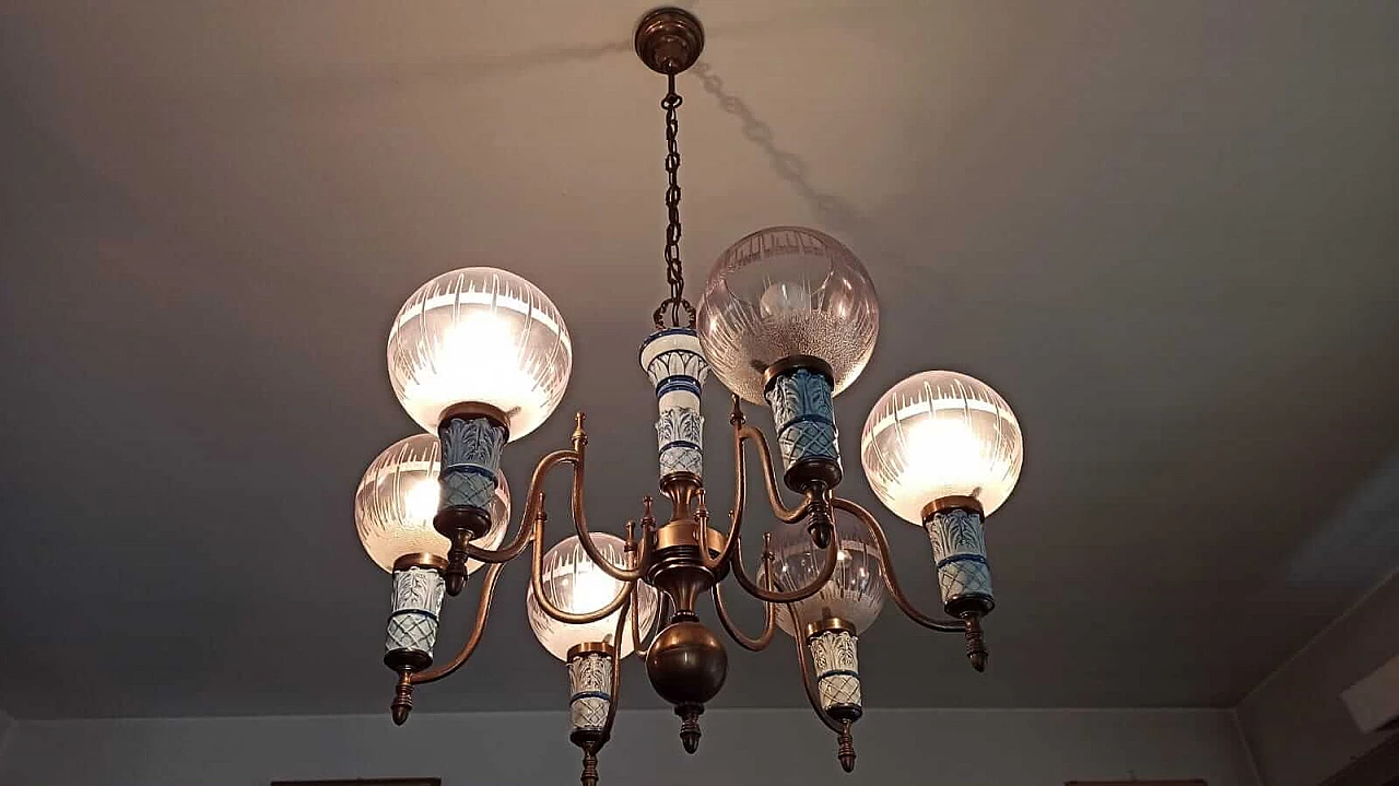 Six-light ceramic and brass chandelier, 1950s 12