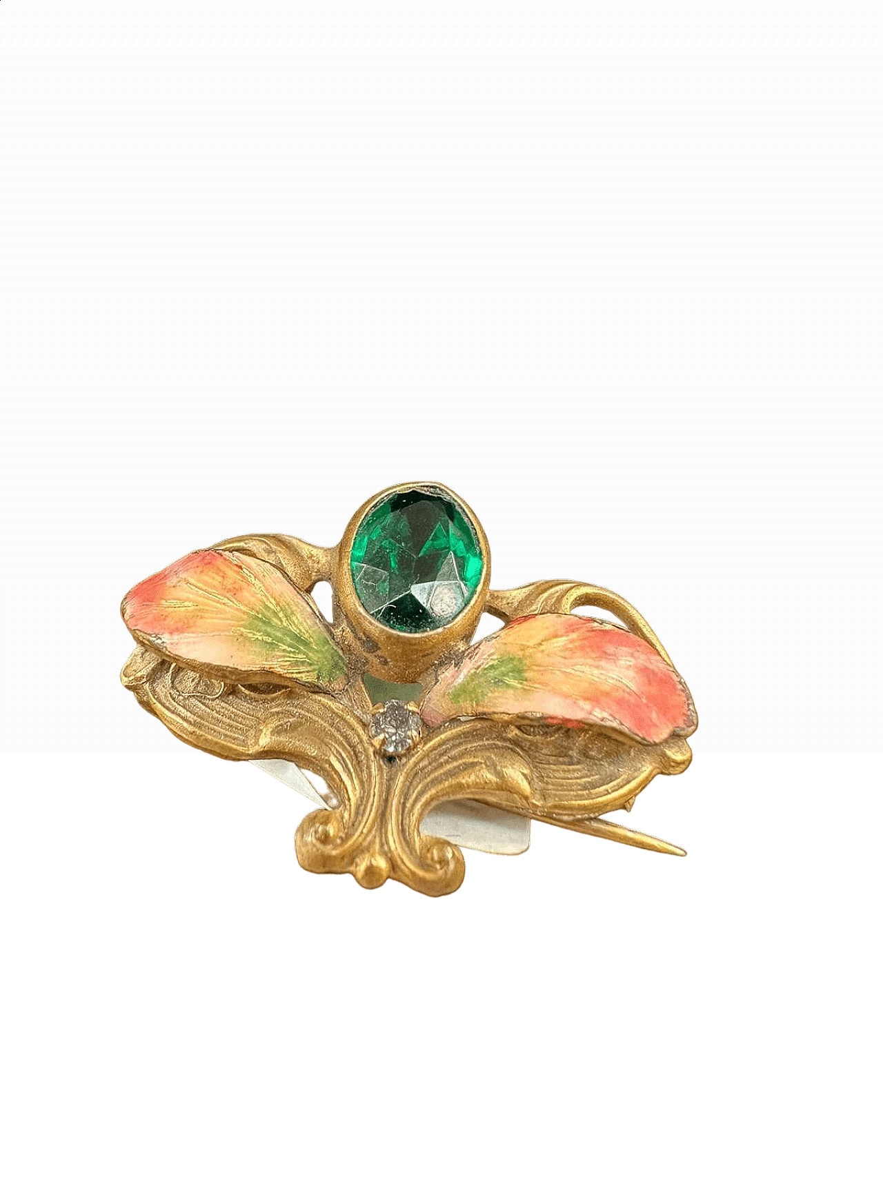 Gold-plated metal brooch with green stones, glitter and enamel leaves, early 1900s 3