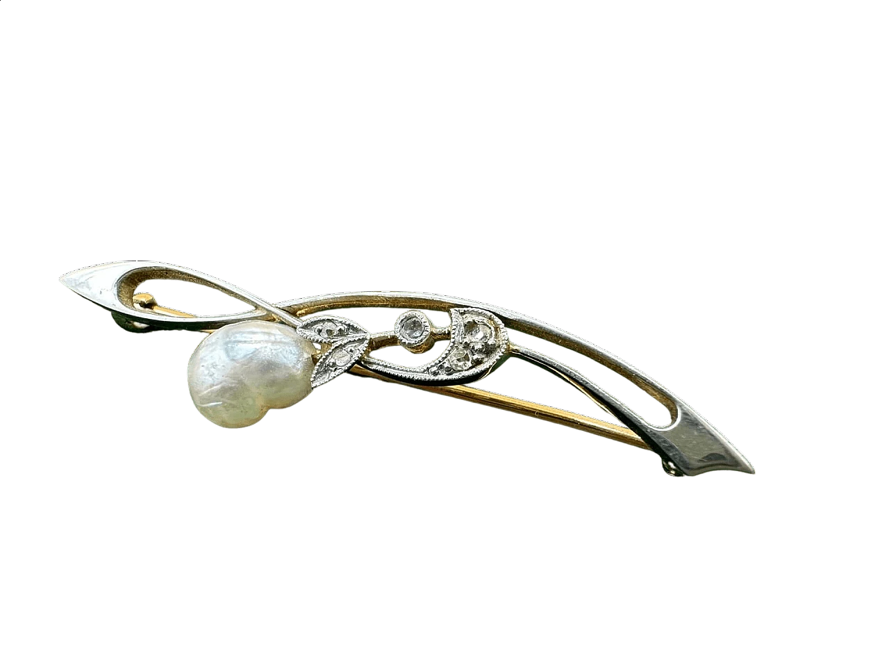 White and yellow gold brooch with rhinestones and river pearl, early 1900s 4