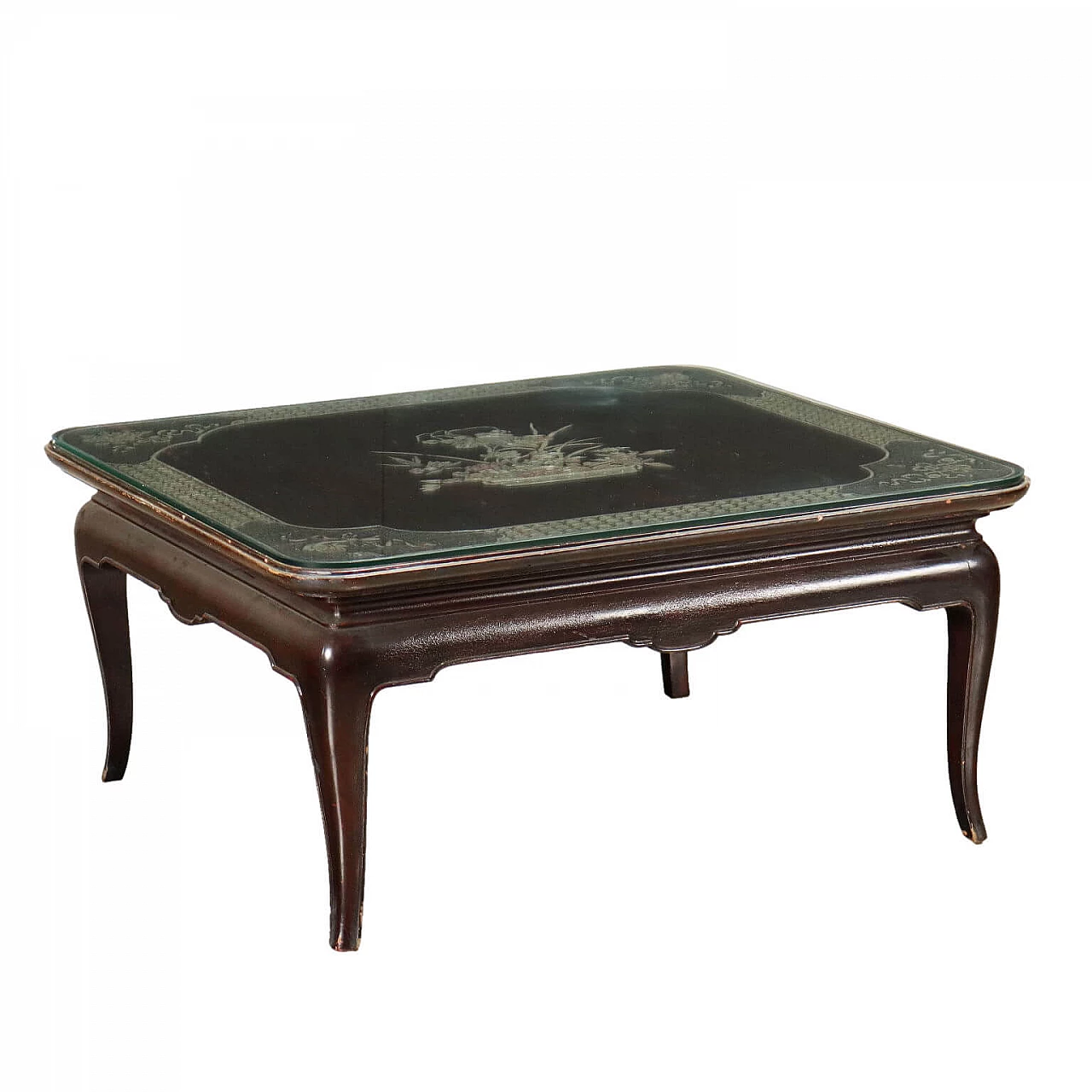 Chinese exotic wood coffee table with carved and lacquered top 1