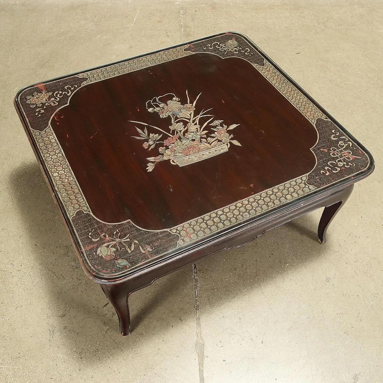 Chinese exotic wood coffee table with carved and lacquered top 3