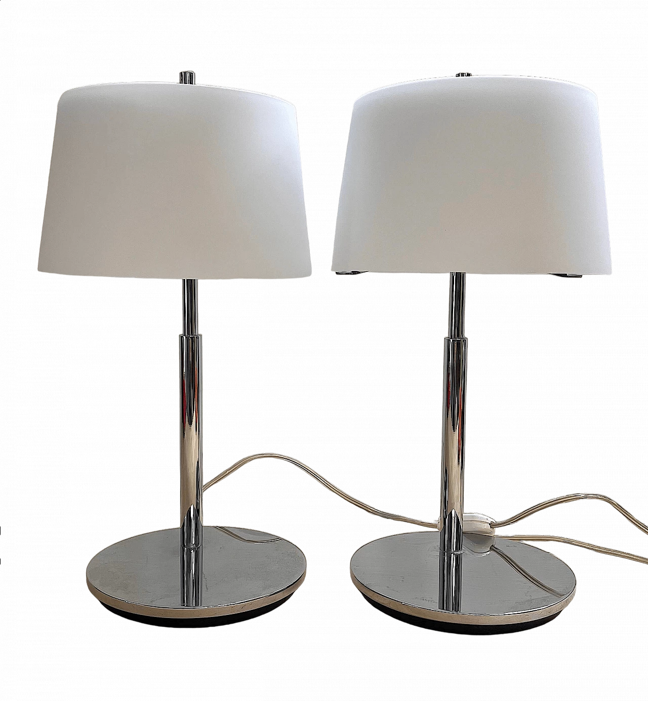 Pair of table lamps in chrome-plated steel and frosted glass by Fontana Arte, 2000s 24