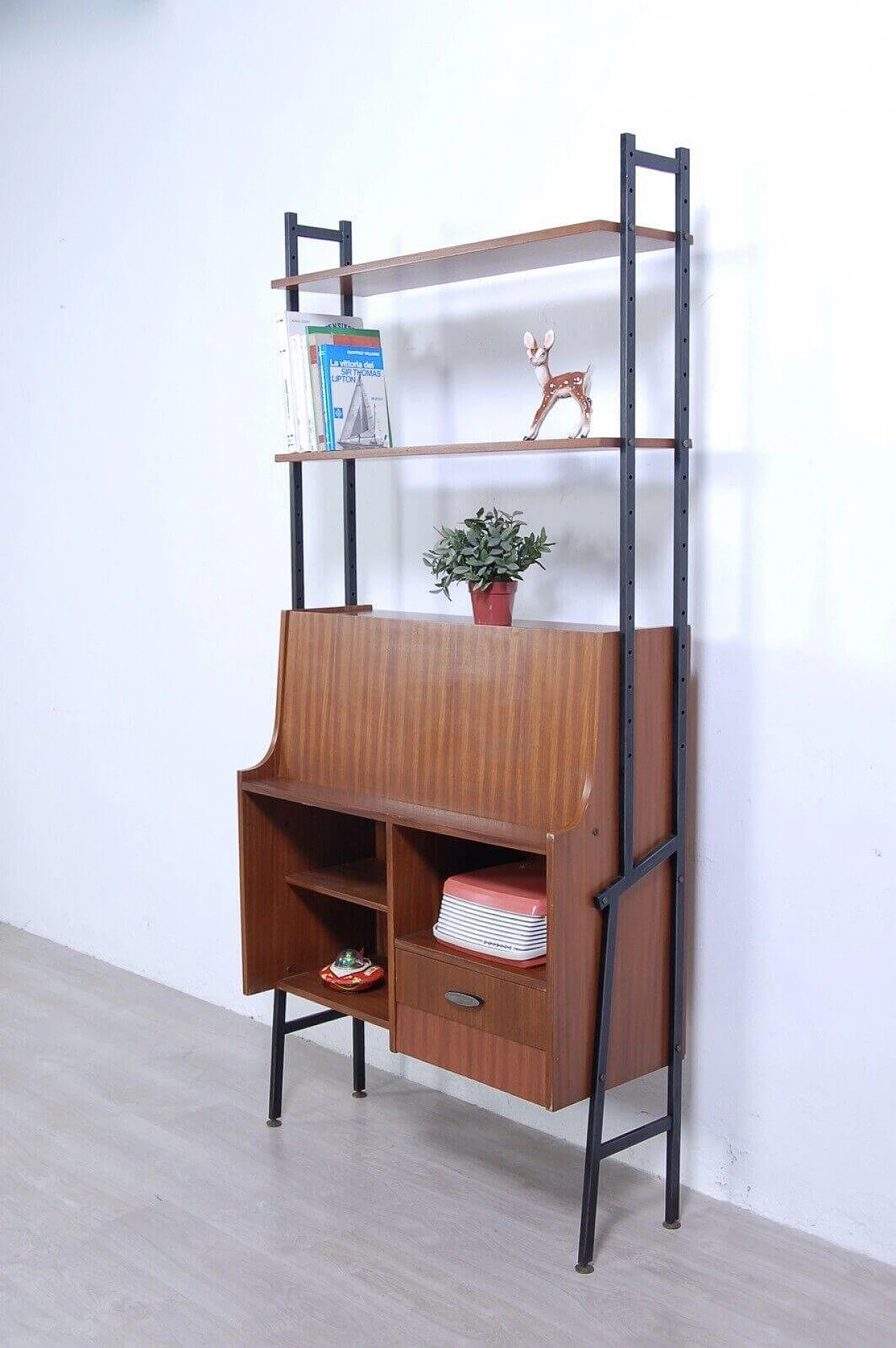 Wood and iron bookcase with flap cabinet and compartments, 1950s 1