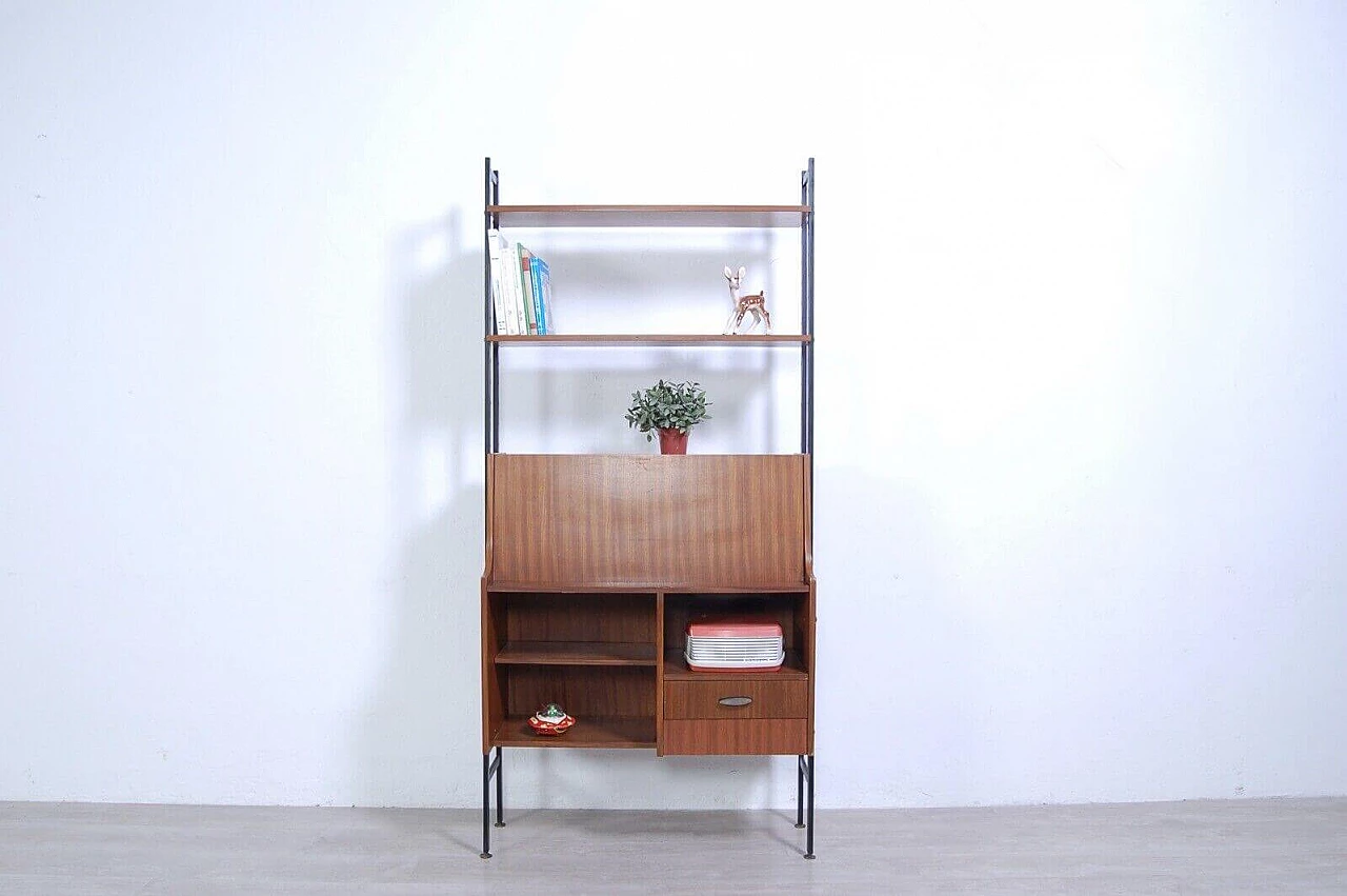 Wood and iron bookcase with flap cabinet and compartments, 1950s 2