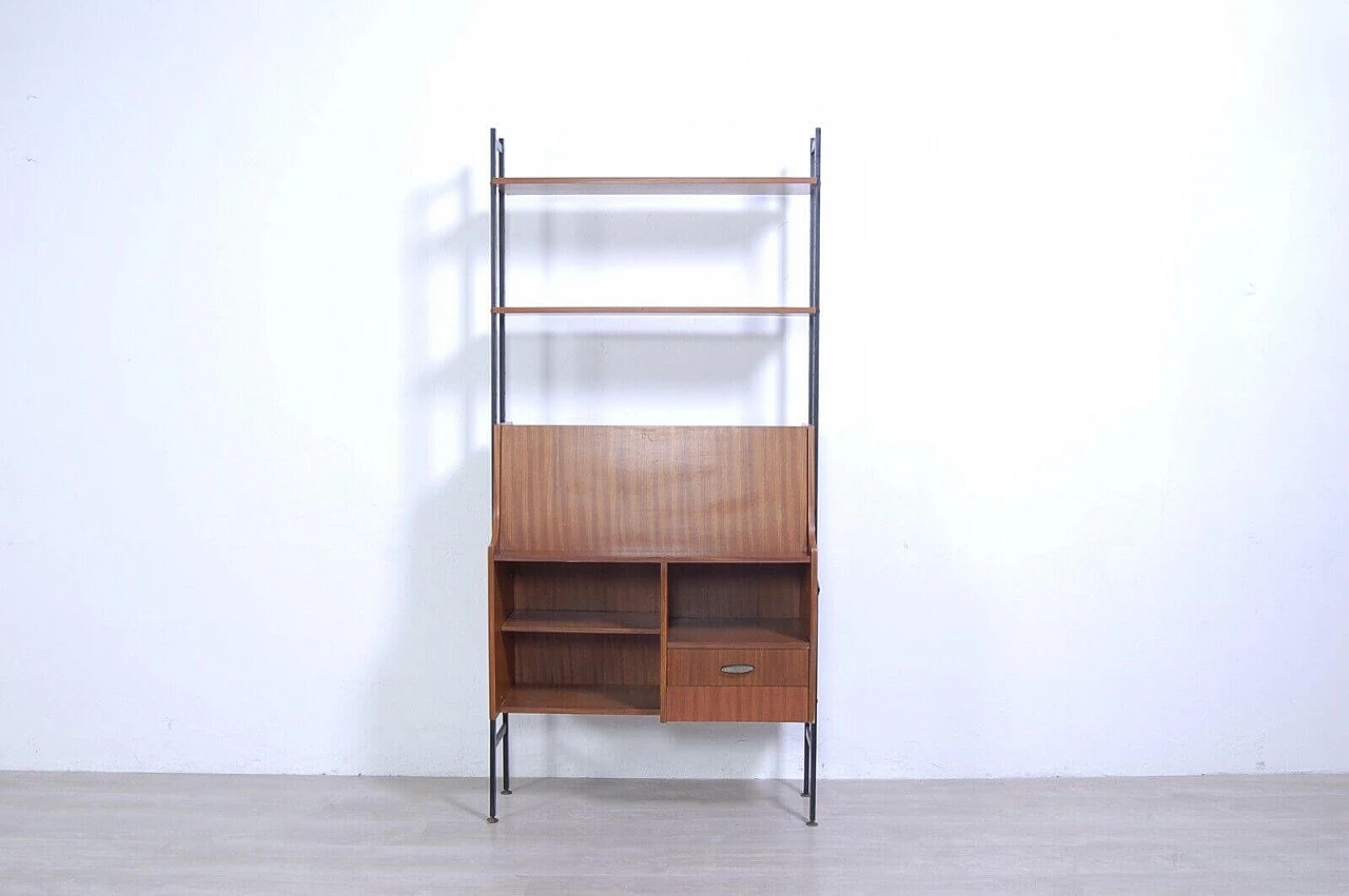 Wood and iron bookcase with flap cabinet and compartments, 1950s 3