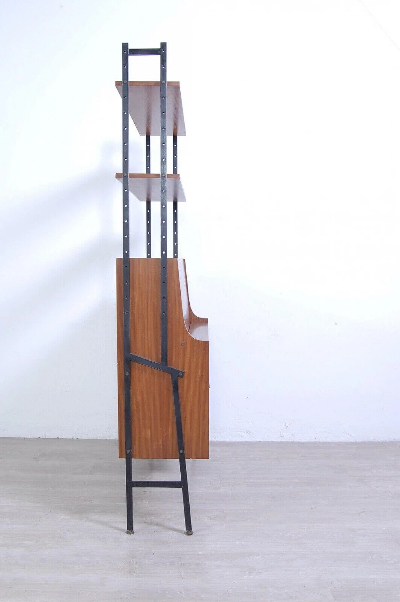 Wood and iron bookcase with flap cabinet and compartments, 1950s 4