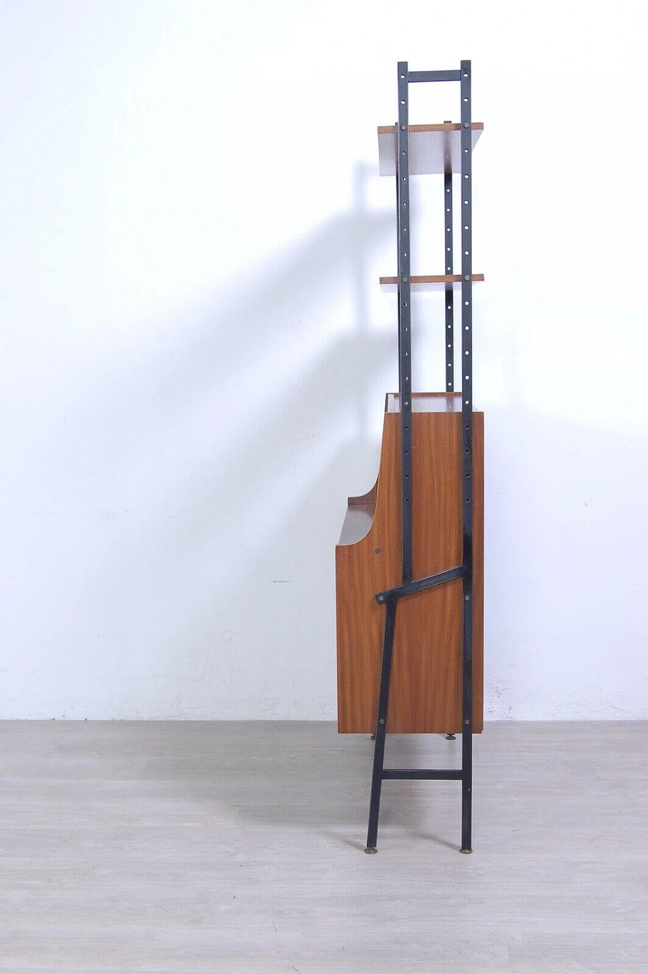 Wood and iron bookcase with flap cabinet and compartments, 1950s 6