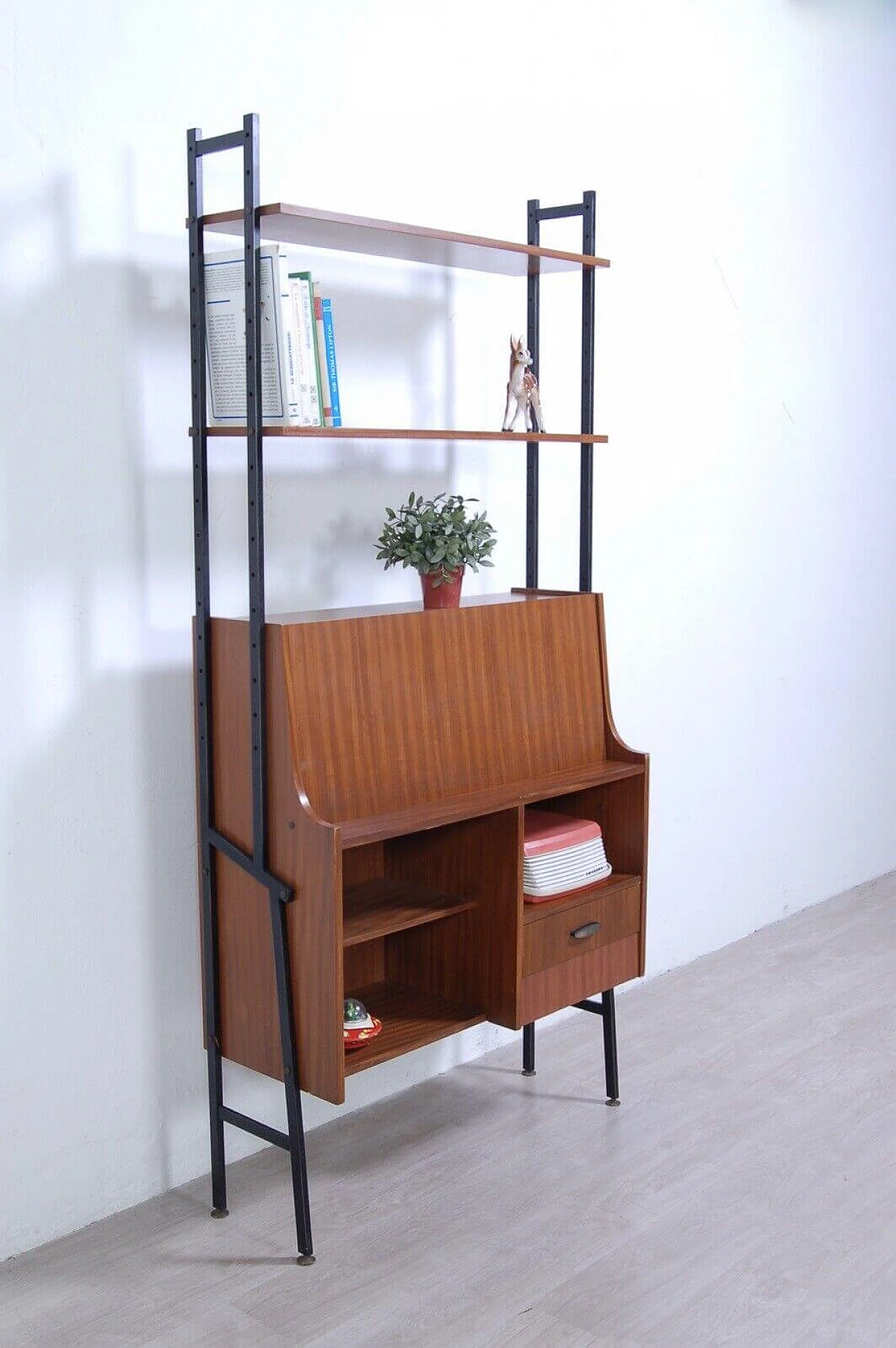 Wood and iron bookcase with flap cabinet and compartments, 1950s 12