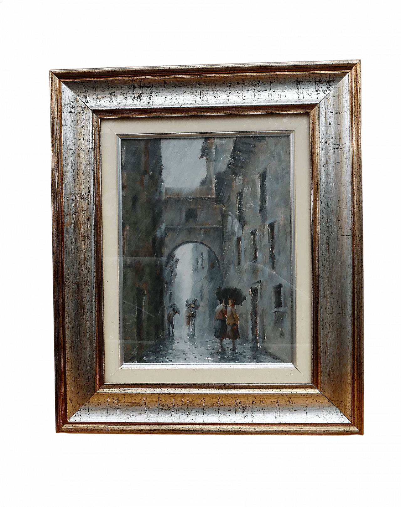 Onelio Romanello, urban glimpse with rain, oil painting on canvas 6