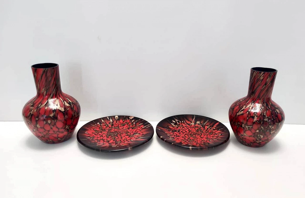 Pair of black and red Murano glass vases and plates with bronze aventurine by Vincenzo Nason, 1960s 6