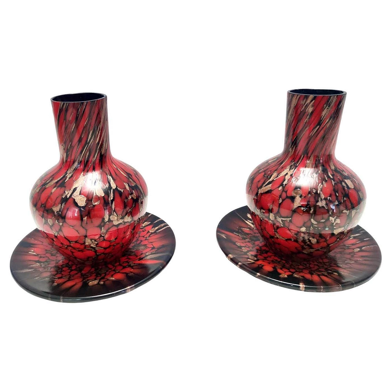 Pair of black and red Murano glass vases and plates with bronze aventurine by Vincenzo Nason, 1960s 17