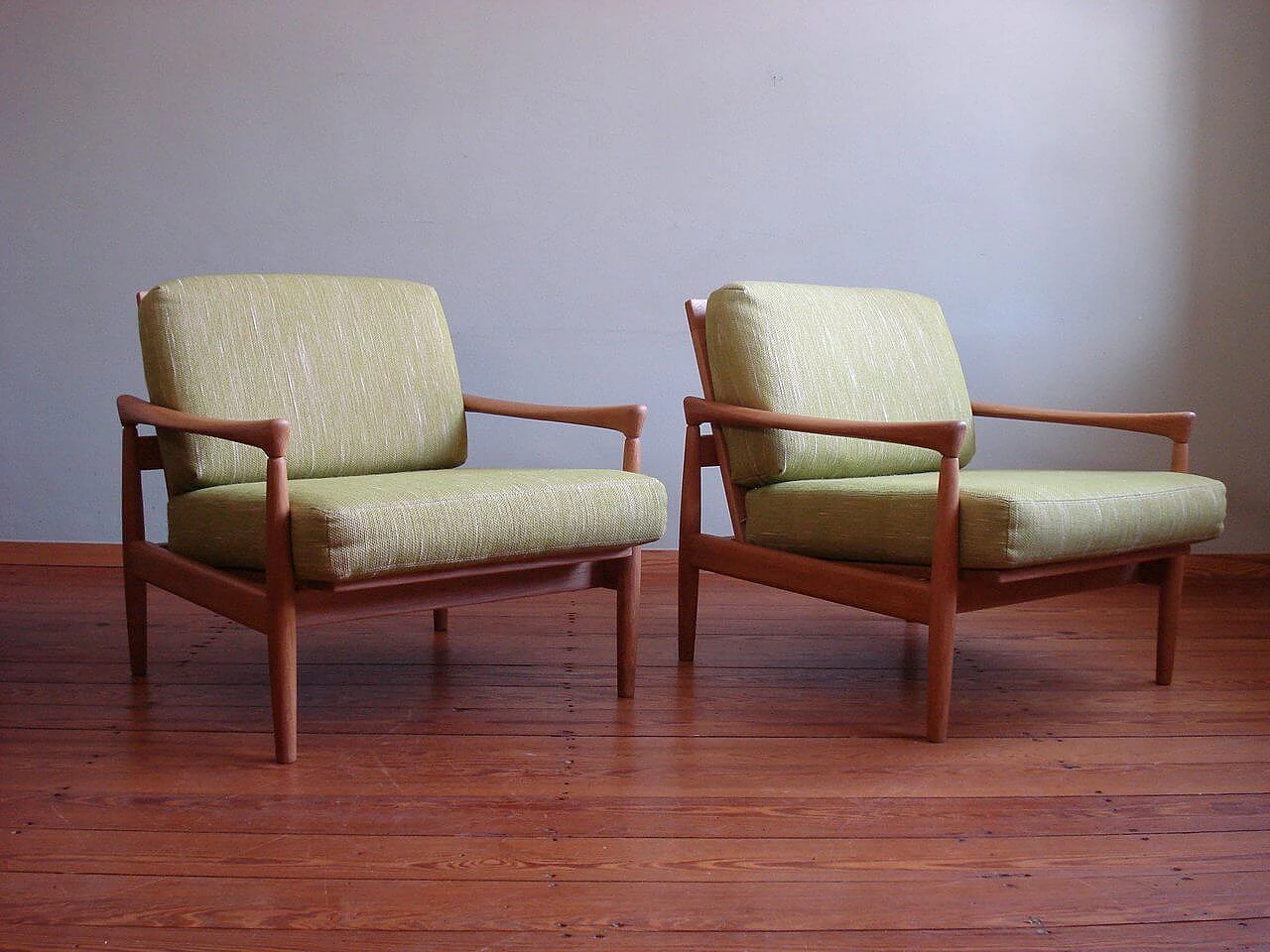 Pair of wooden and fabric chairs by Erik Wørtz for Ikea, 1960s 9