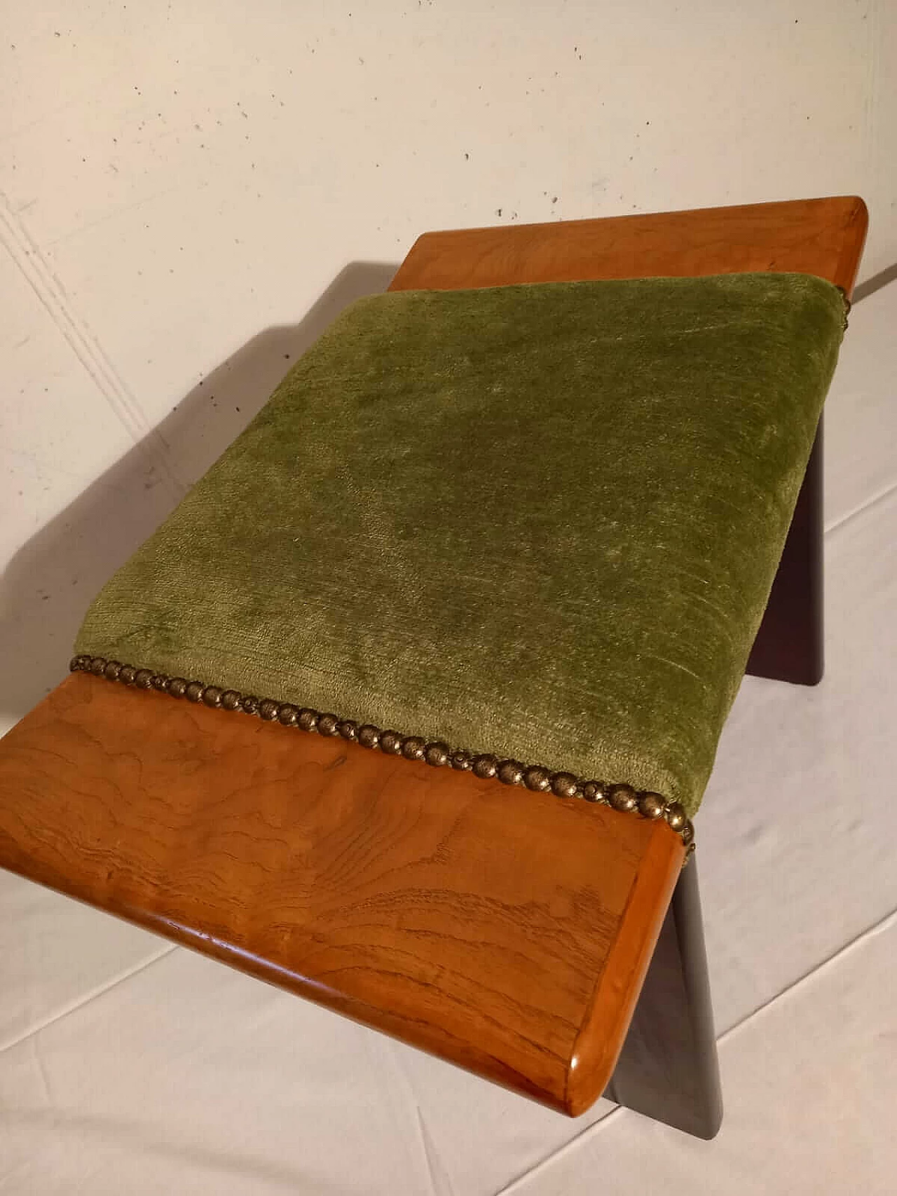 Art Deco wooden stool with green velvet seat, 1940s 1